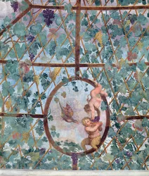 Il portico ionico semicircolare, dettaglio della volta del soffitto raffigurante un putto che nutre un giovane satiro con uva, 1551-55